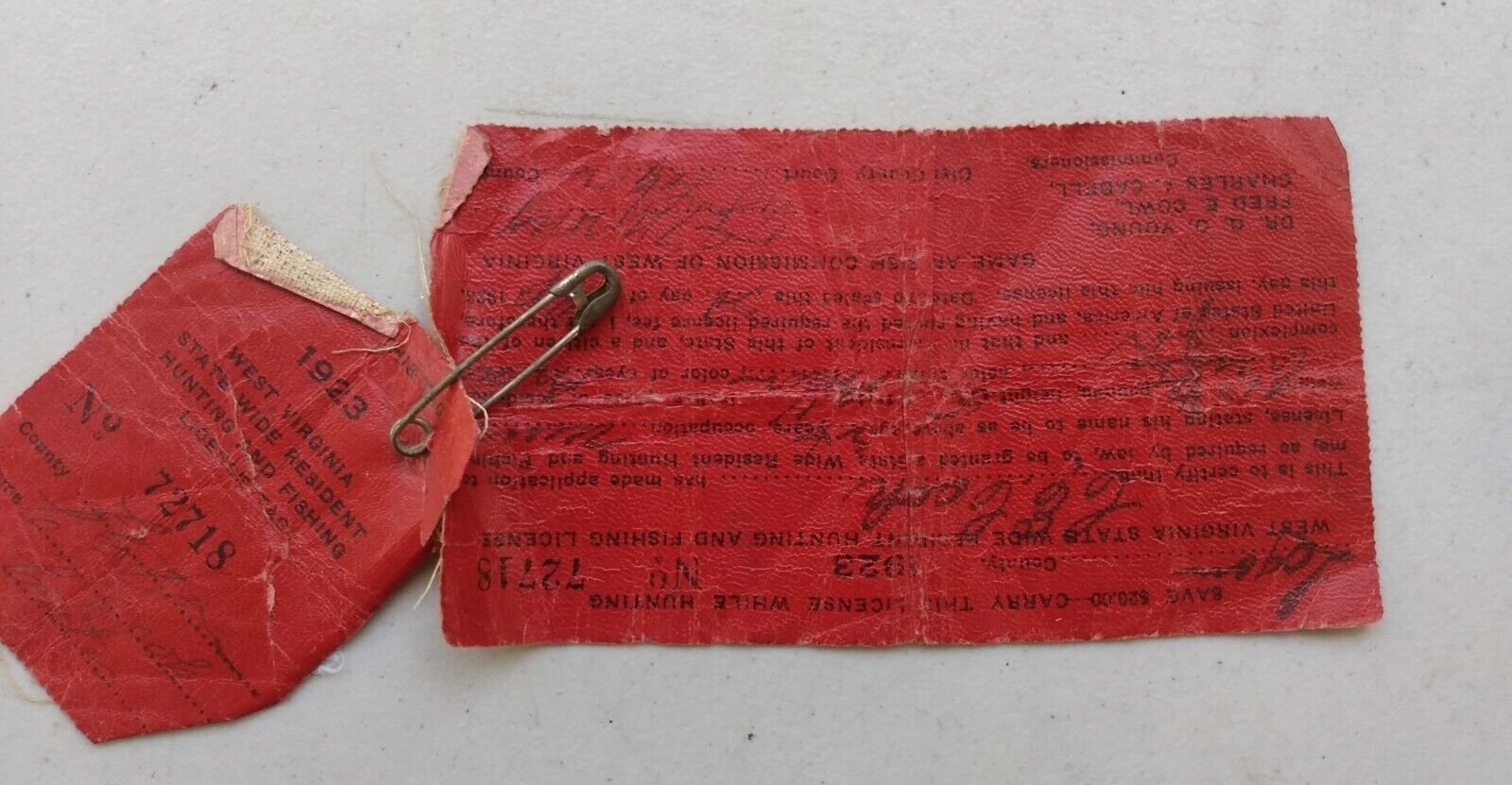Rare 1923 Red West Virginia Resident Hunting & Fishing Cloth License