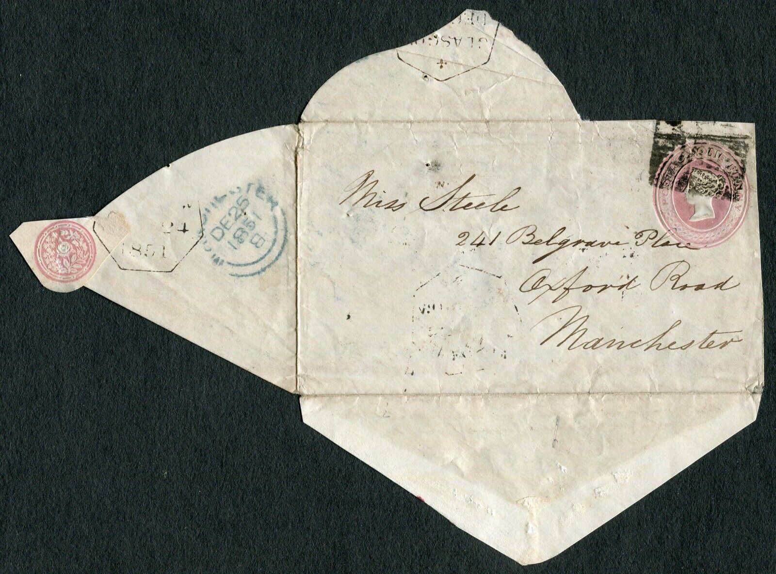 OLD COMMERCE, British Christmas LTR-Cover Embossed Glasgow-Manchester 1851 (13a)