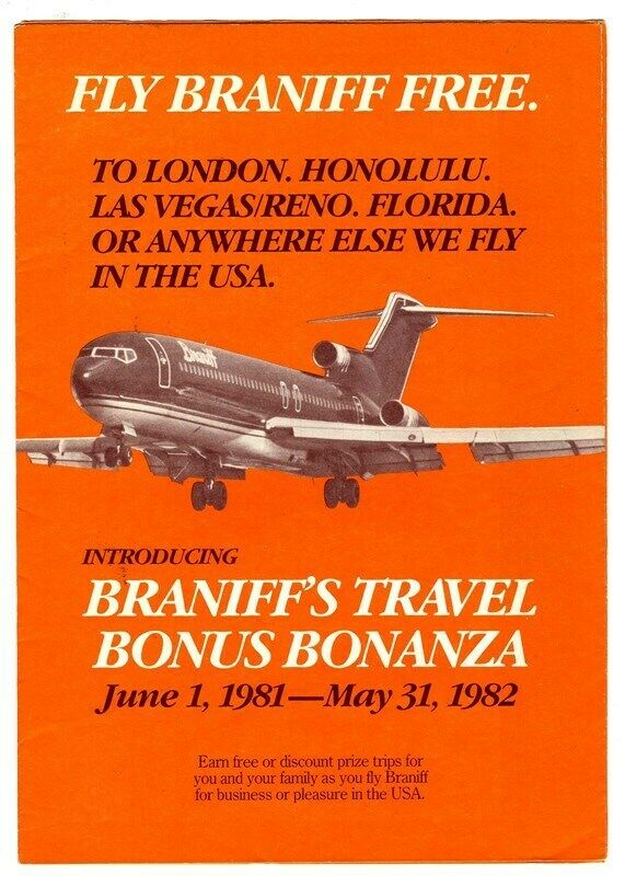 Fly Braniff Free Travel Bonus Bonanaza Brochure 1981 Frequent Flyer Prgram