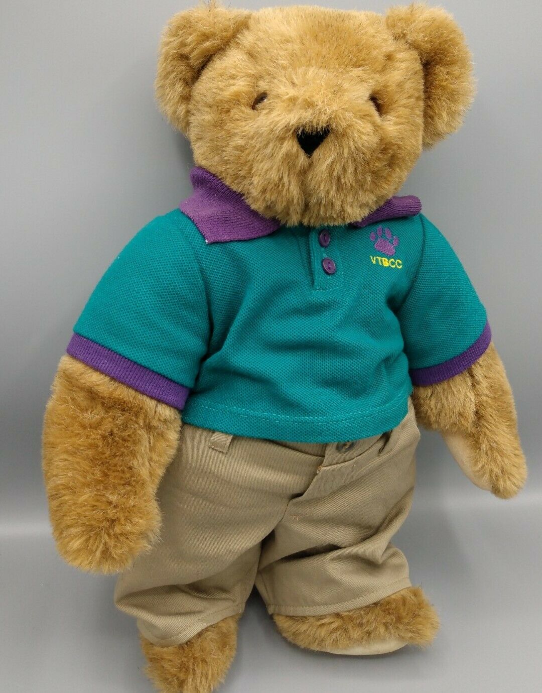 Vermont Teddy Bear Green Purple Polo Khaki Pants Discontinued 16" Tall Euc