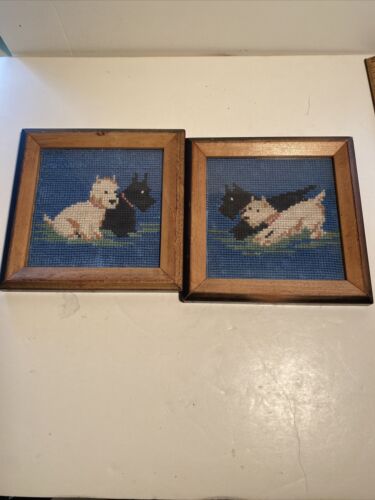 Vintage Completed Framed  Terrier Dog Needlepoint SET of 2 framed glass 8812