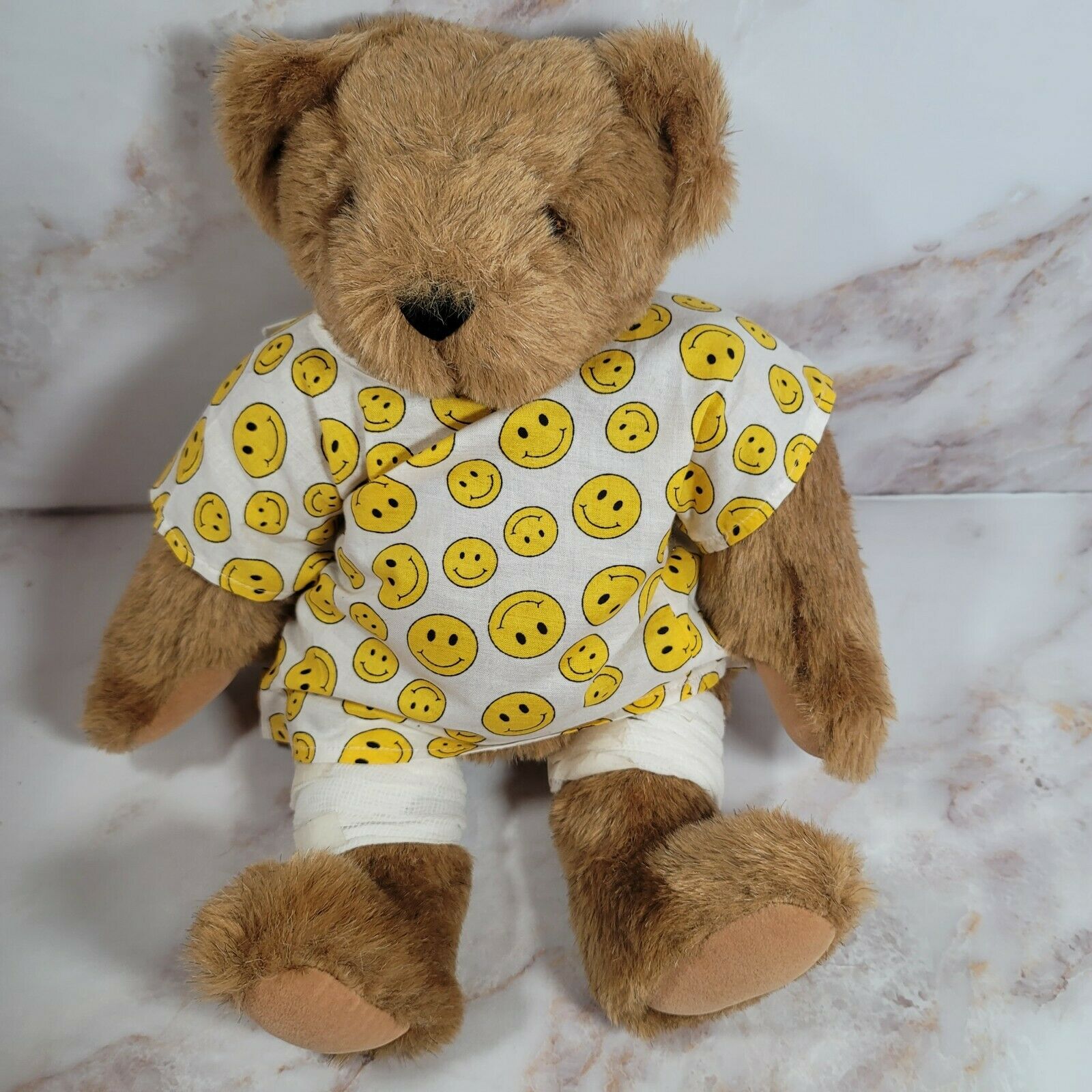 Vermont 15" Teddy Bear Brown Jointed Bear Smiley Face Hospital Gown Stuffed Toy