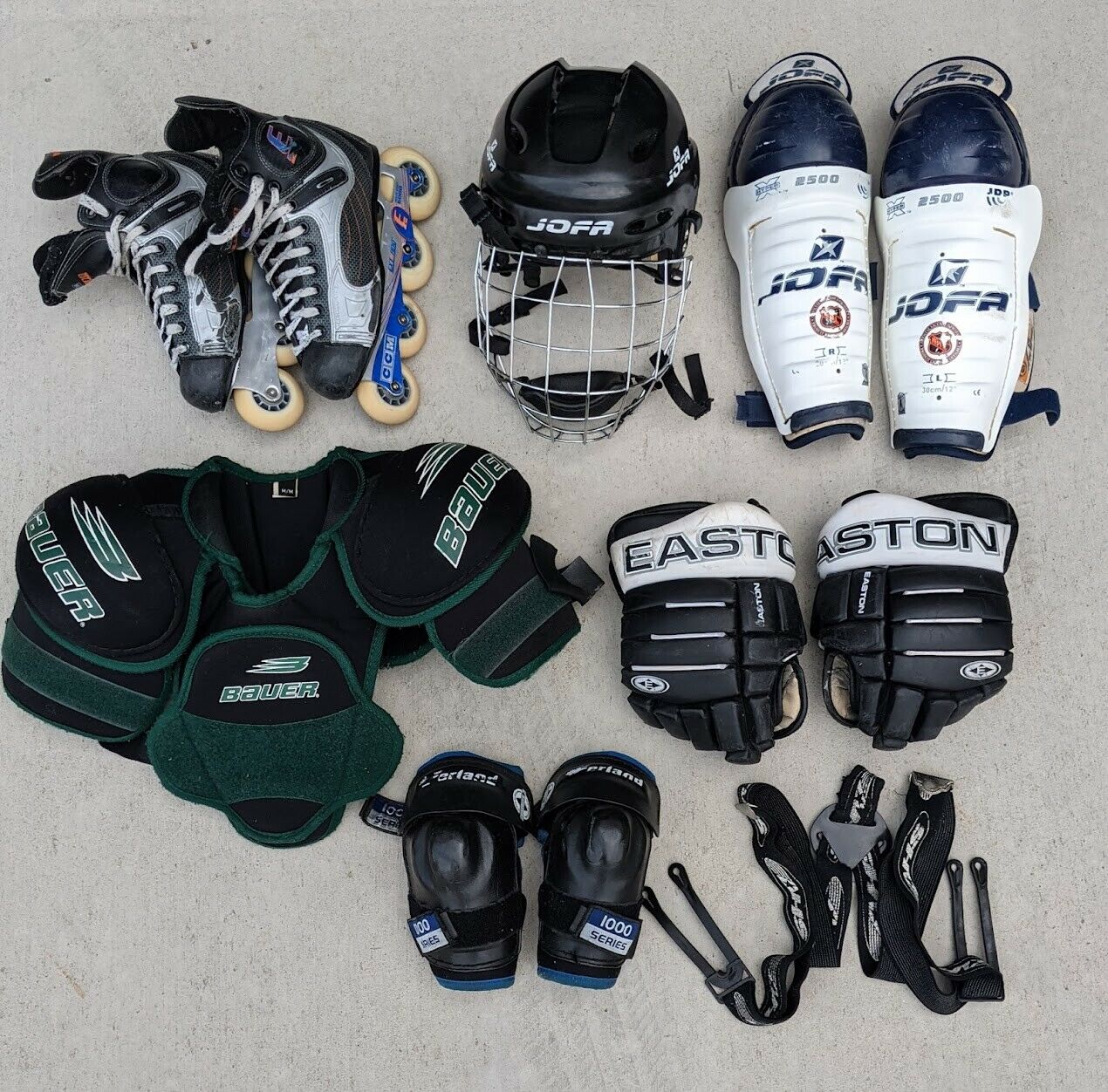 Roller Hockey Equipment Bundle - Skates, Helmet, Shin Guards, Bauer Bag, used