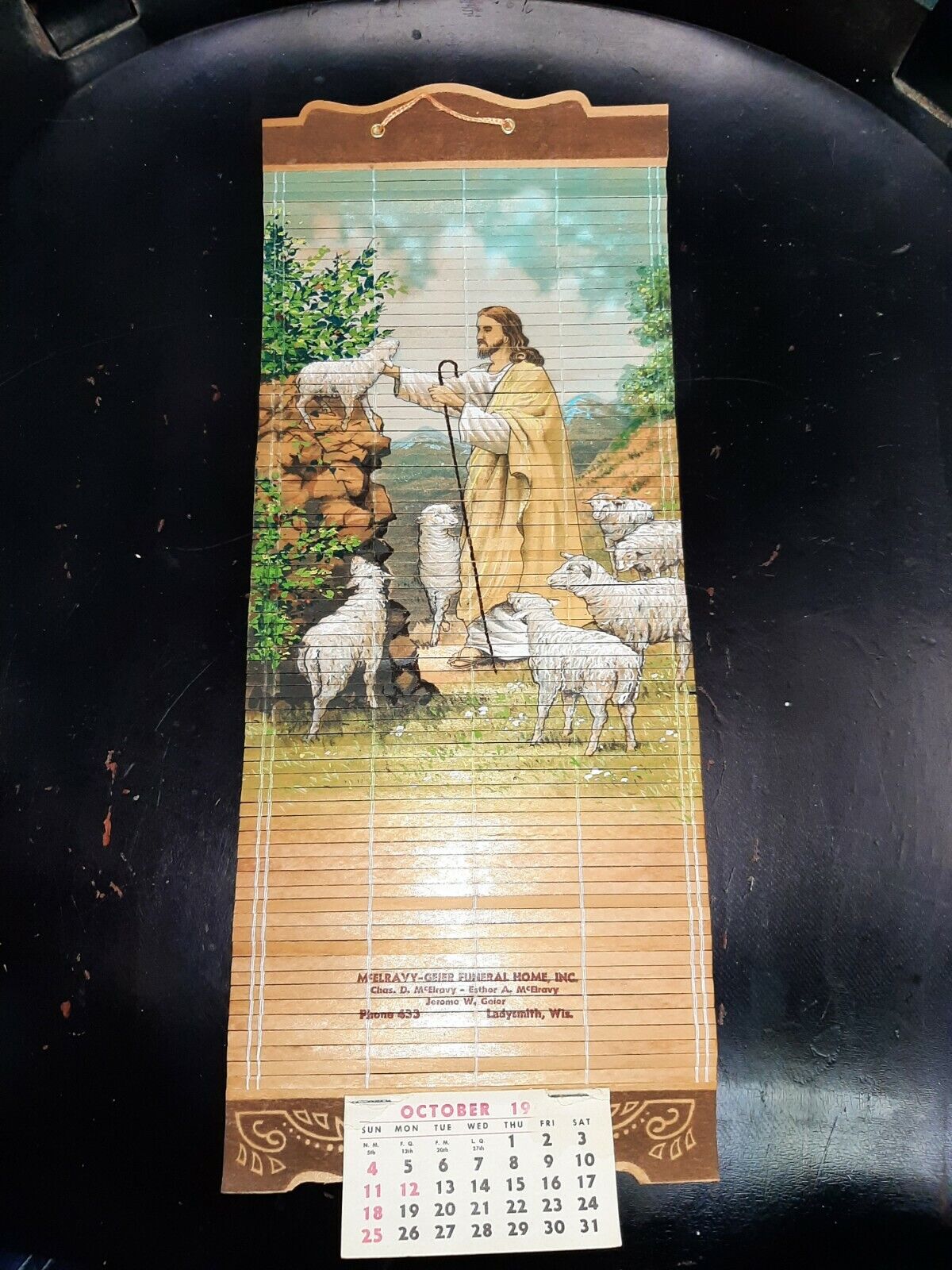 Vintage Balsa Wood Advertising Calendar, Jesus, Sheep, Ladysmith, Wisconsin 1964