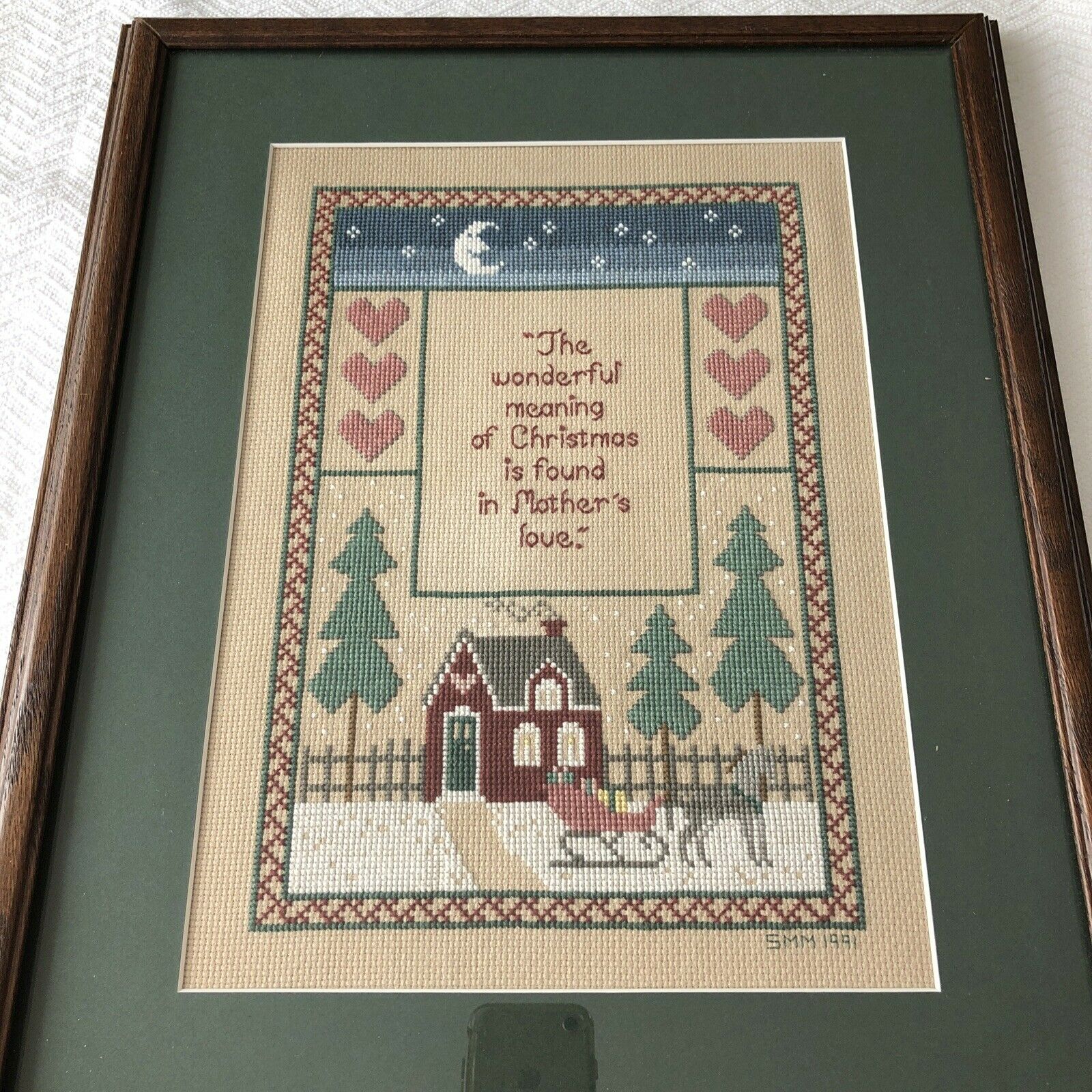Vintage Cross Stitch Completed & Framed Glass For Mom Christmas Holiday Country