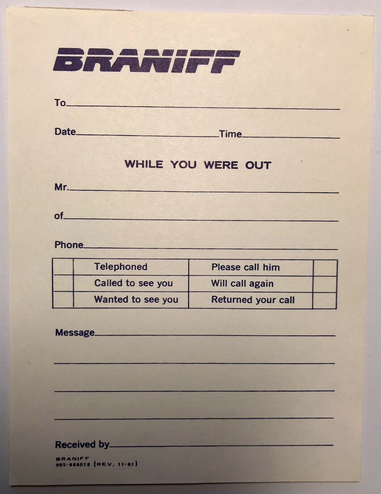 Braniff Airlines Dallas Tx Dark Blue Original Phone Message Form Airline 1 Sheet