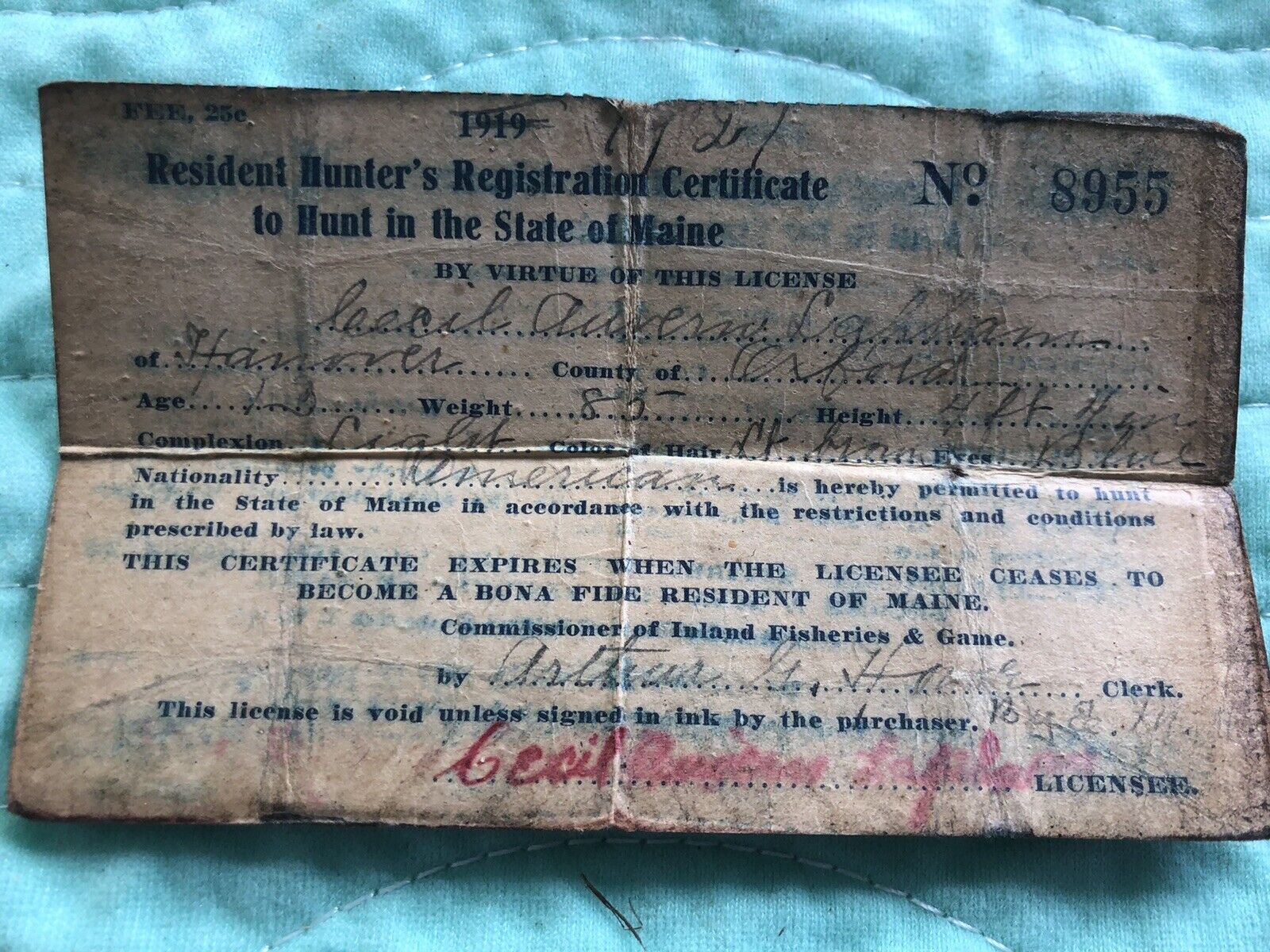 1919 Hanover, Maine Hunter's Resident License! Please See Description-Young Boy