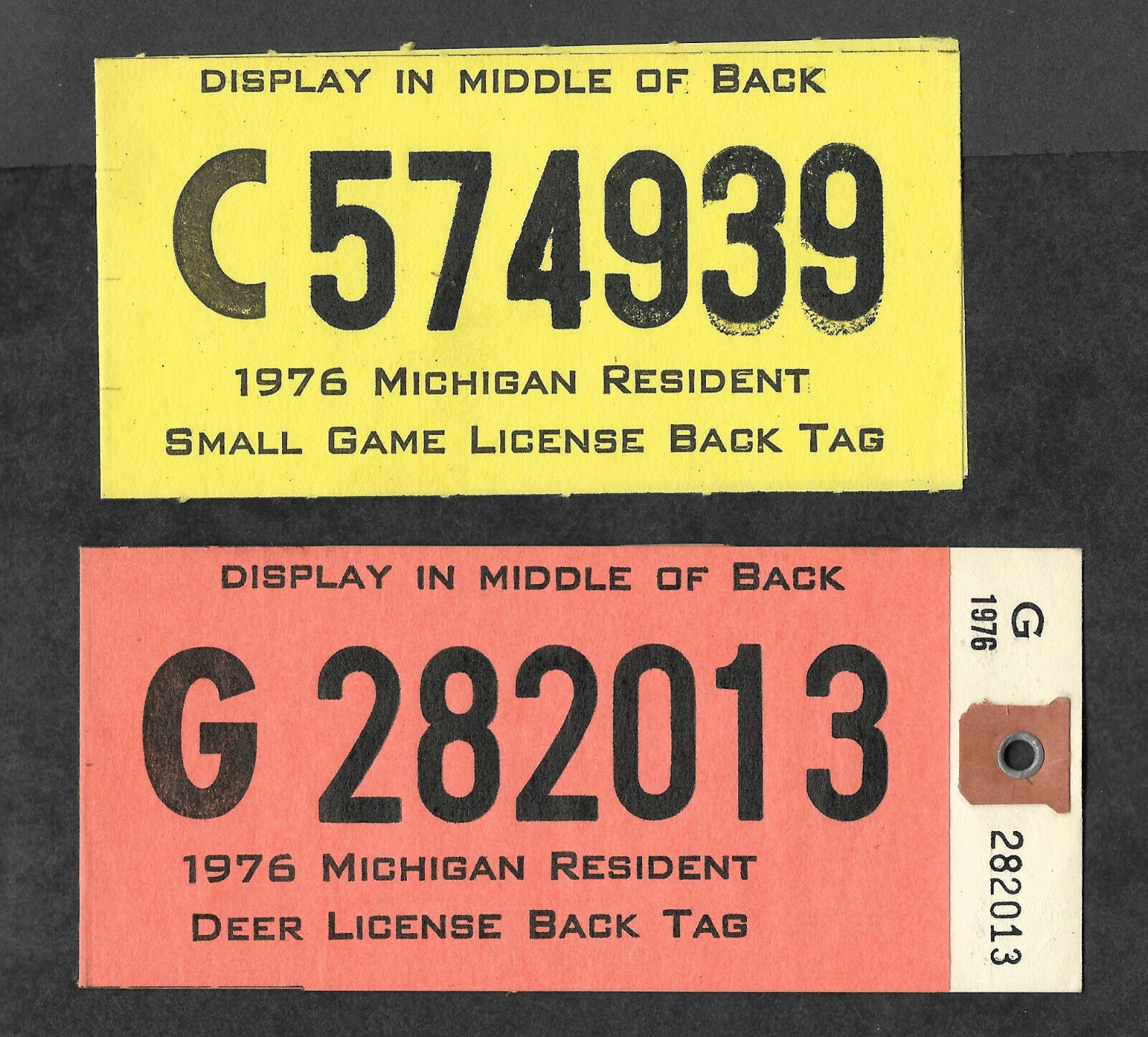 1976 Michigan Deer And Small Game (2) Hunting License Back Tags