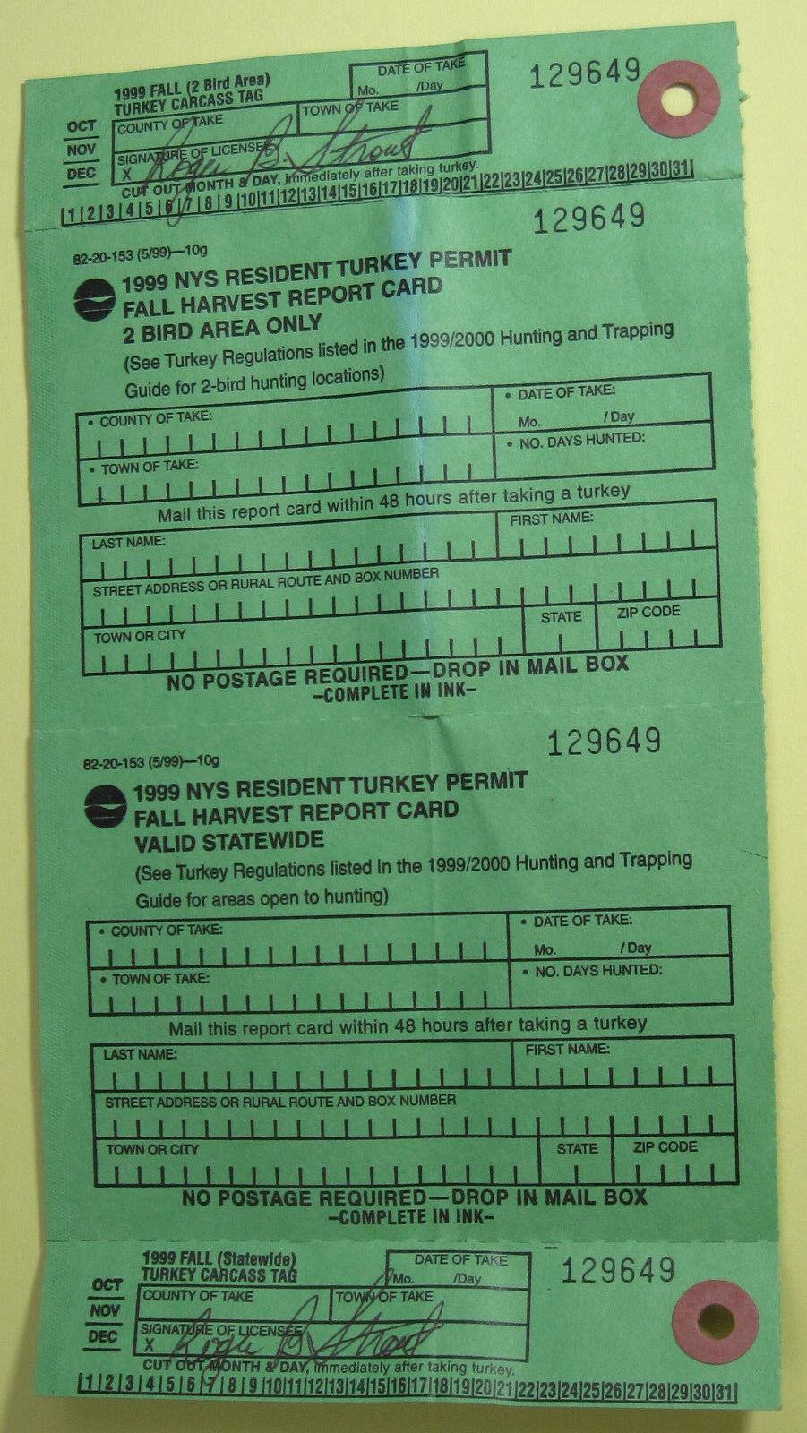 1999 New York Resident Fall Turkey Hunting License Permit Card...Free Ship!