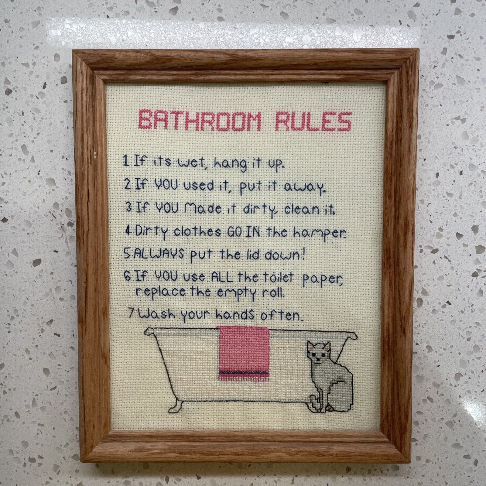 Vintage Bathroom Rules Cat Bathtub Pink Towel Framed Needlepoint Handmade