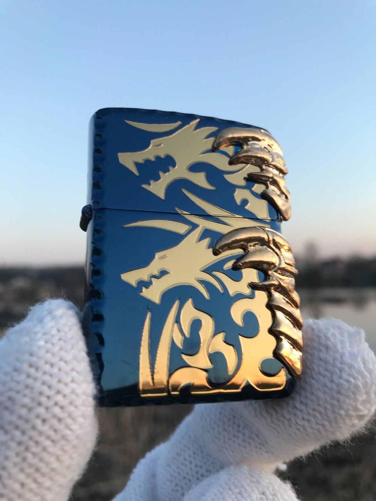 Zippo 2 Claw Dragon Blue Brass Customized Deep Engraved Lighter in 3D Style