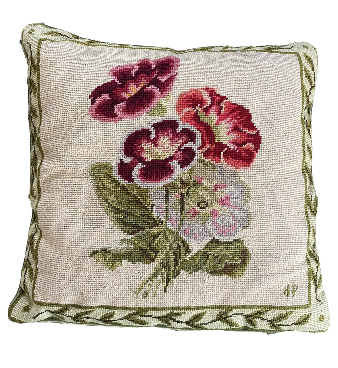 Vintage 17x17" Square Floral Needlepoint Feather Pillow Initialed Artisan