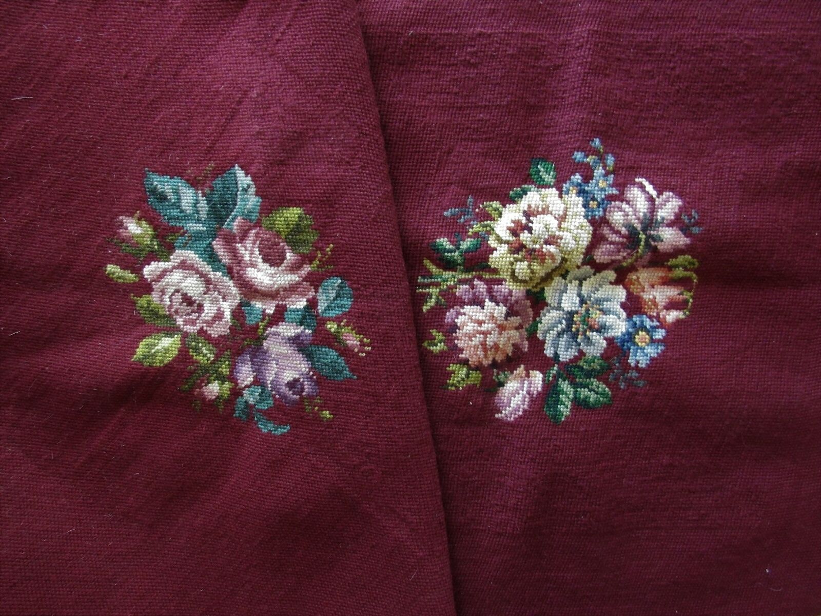 TWO Large 21x21 Needlepoint Chair Seat Covers Rose Floral on Burgundy Handmade