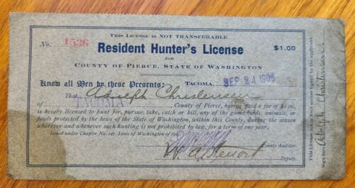 1906 WASHINGTON State Resident HUNTING LICENSE Scarce