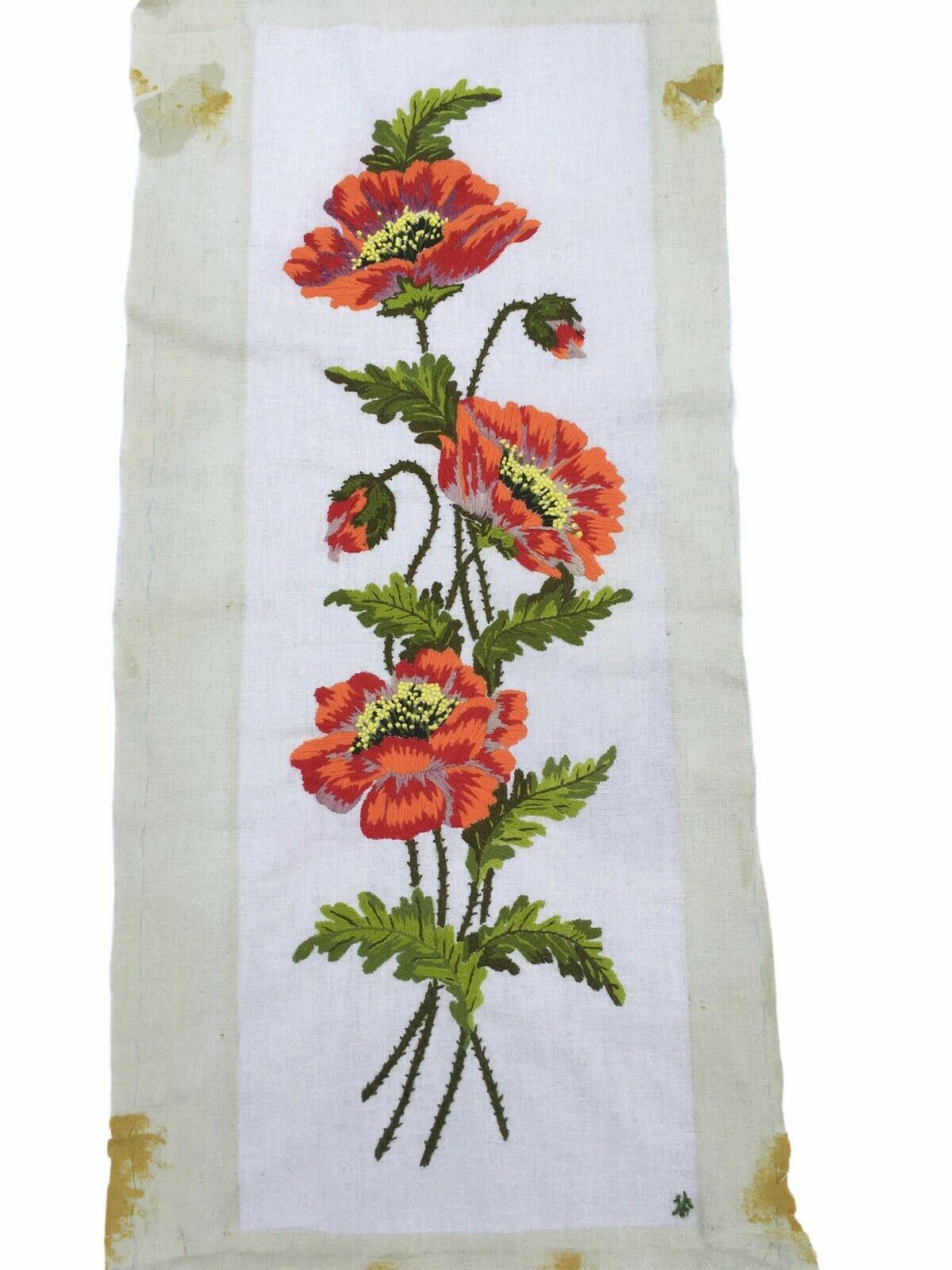 Vintage Embroidery Needlepoint Art Poppy Flower Homemade Crewel Large Unframed
