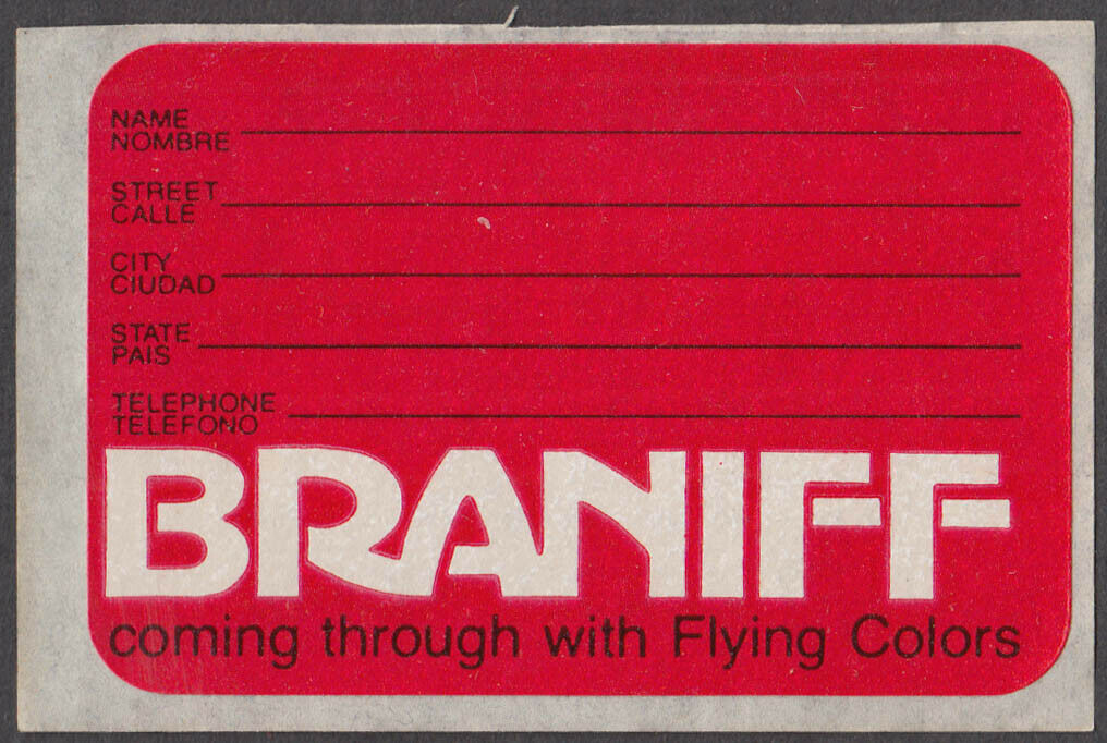 Braniff Airlines Airline Baggage Id Sticker Unused Orange Flying Colors 1975