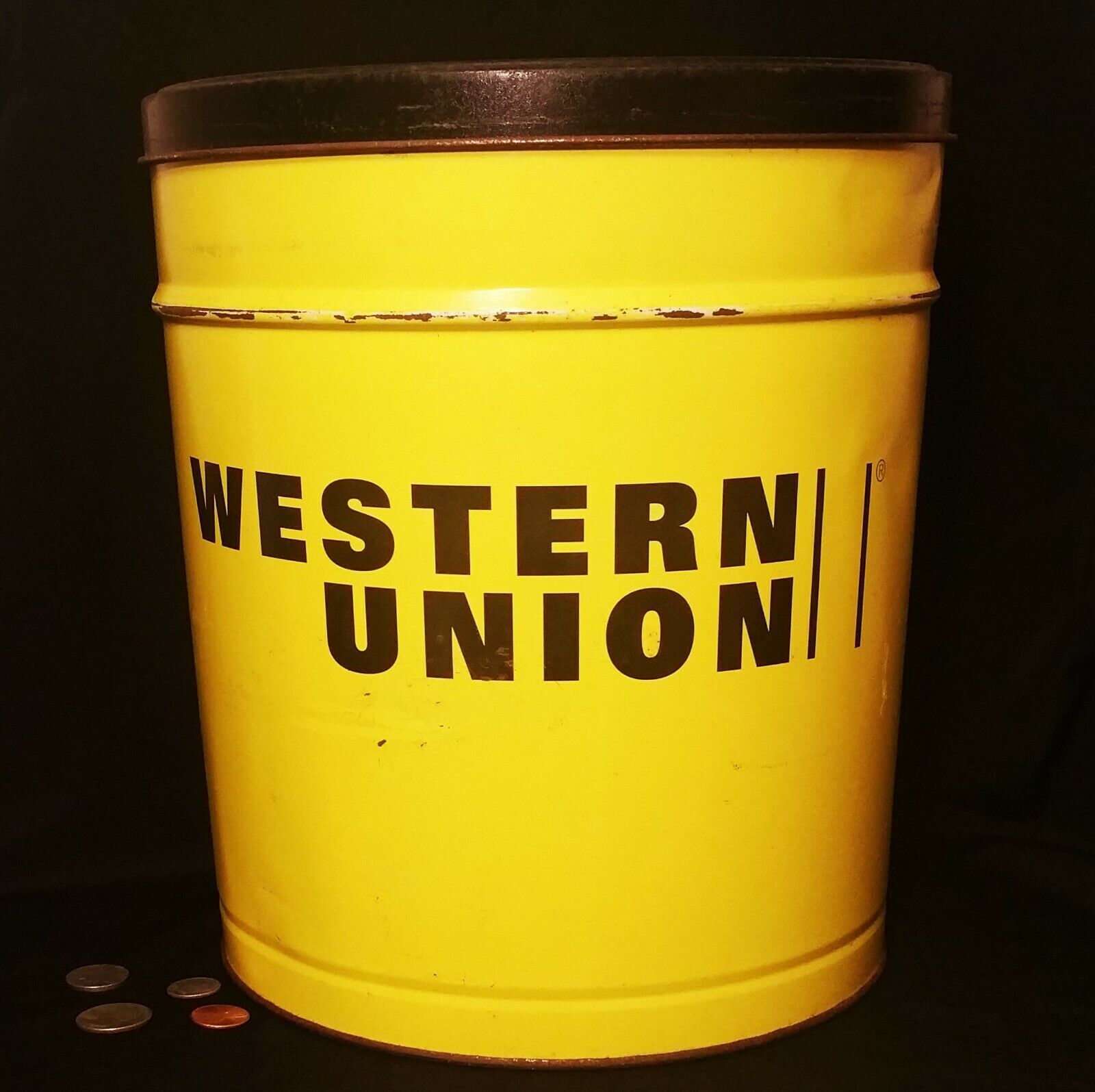 1980s Western Union Sign Vtg Tin Can Store Window Display Yellow Storage Bank