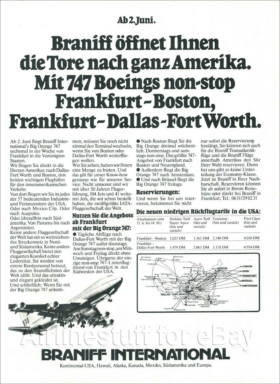 1979 Braniff Intl Boeing 747s Frankfurt To Boston And Dfw Airline Airways Advert