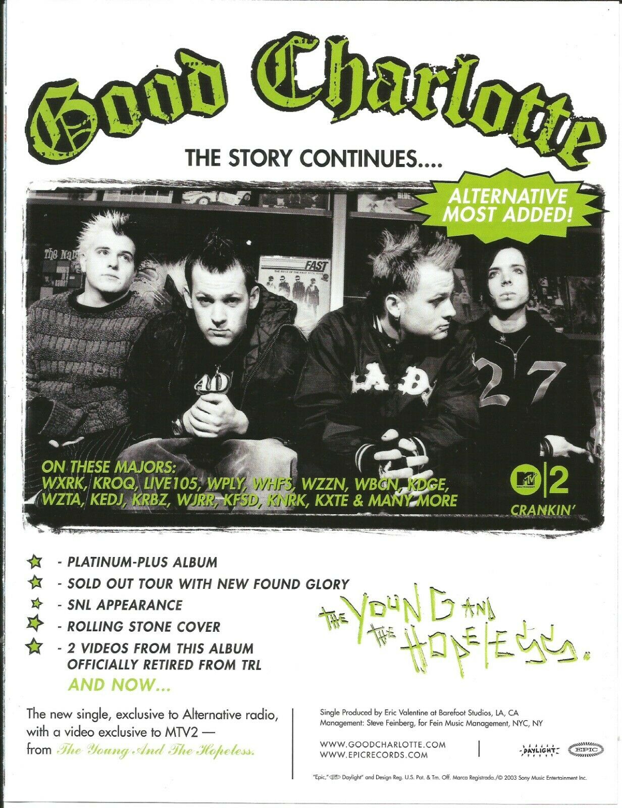 GOOD CHARLOTTE Rare 2003 VINTAGE Young PROMO TRADE AD Poster for hopeless CD USA