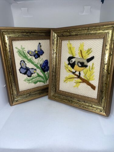 Vintage -  Embroidered Butterflies And Bird Framed Wall Art 5x7- Set Of 2