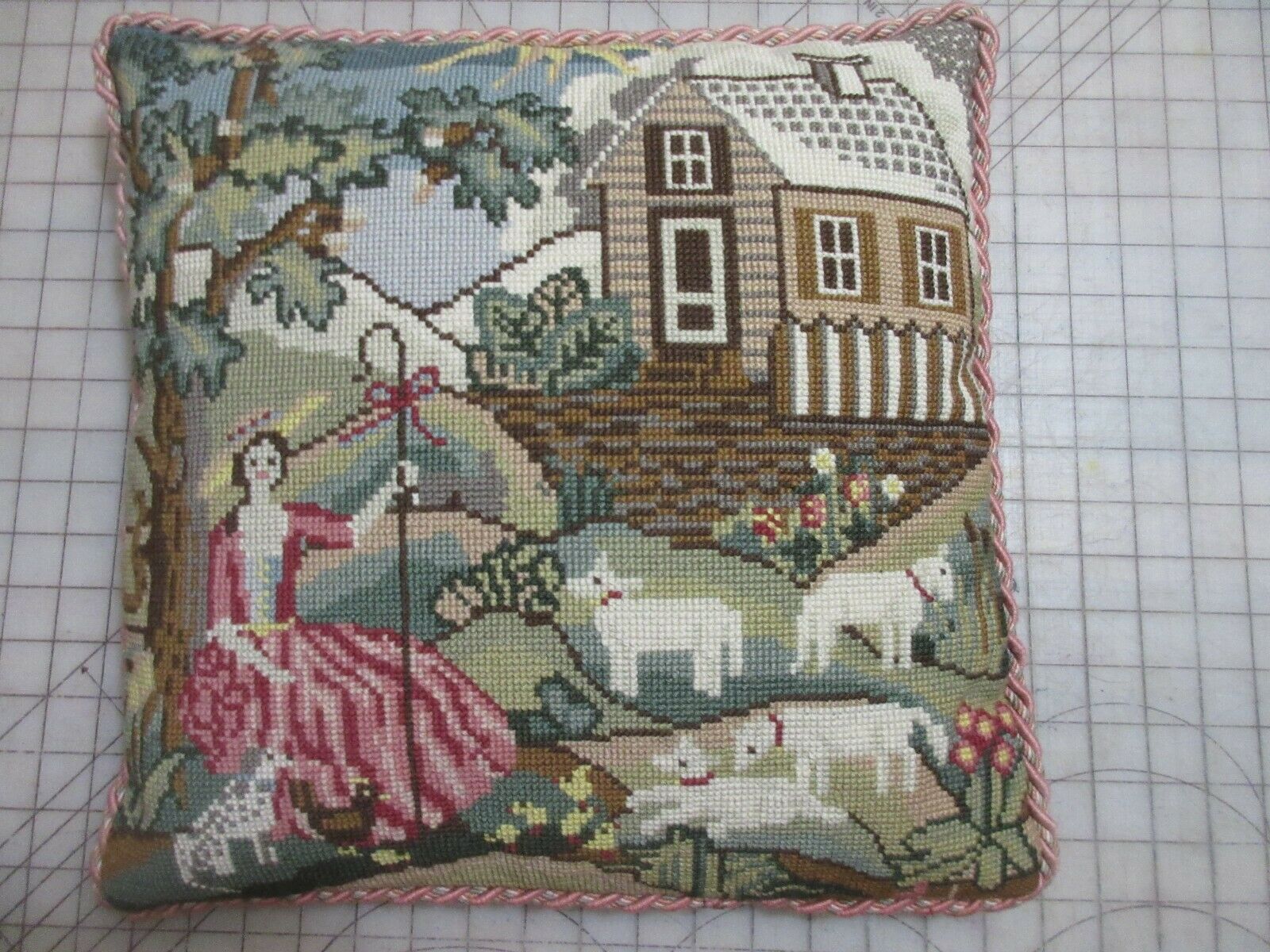 ELIZABETH BRADLEY Needlepoint Completed PILLOW THE PASTORAL Sheep Scene