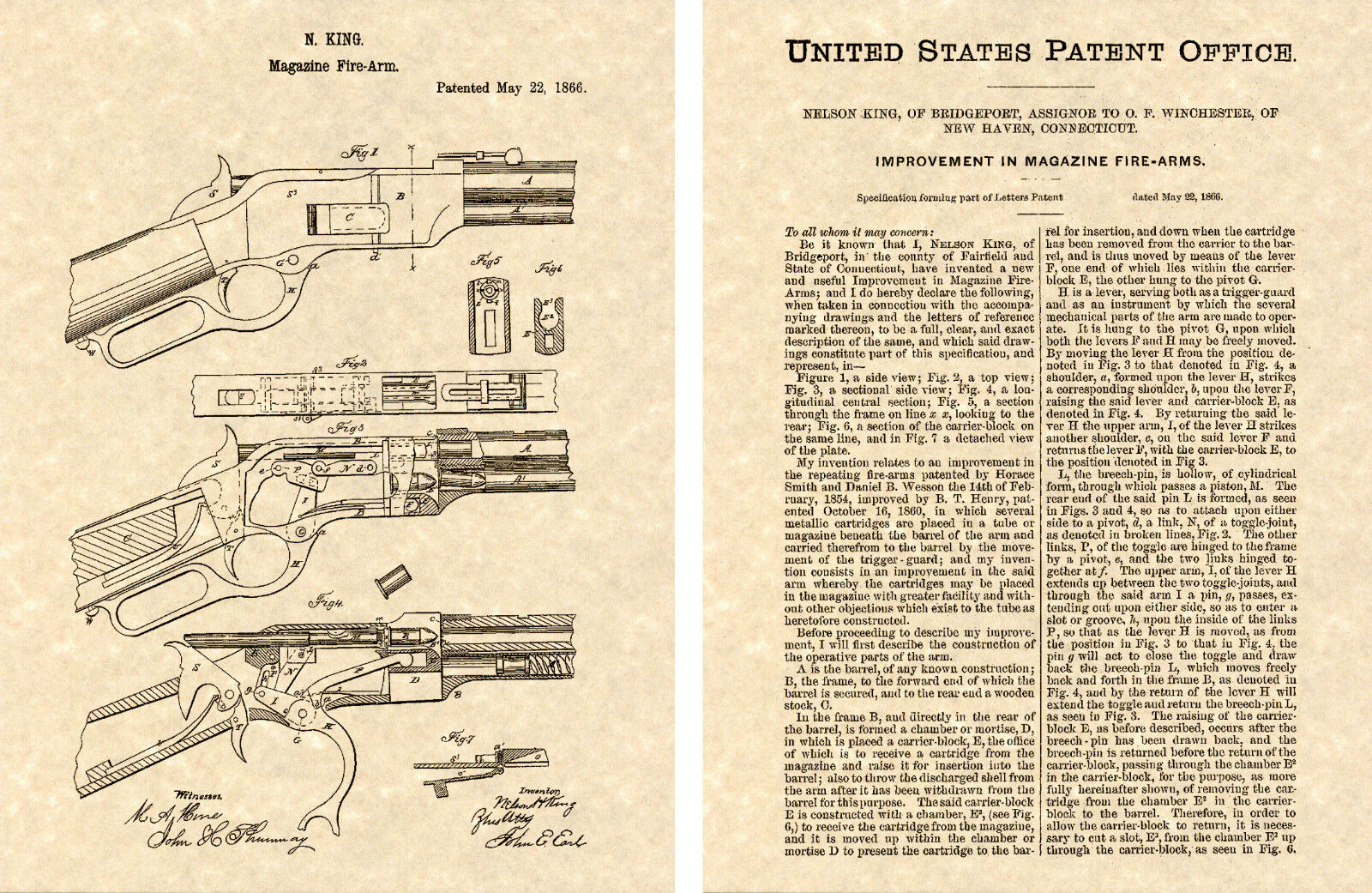 Us Patent Of Winchester 1873 Repeating Rifle Art Print Ready To Frame!! Browning
