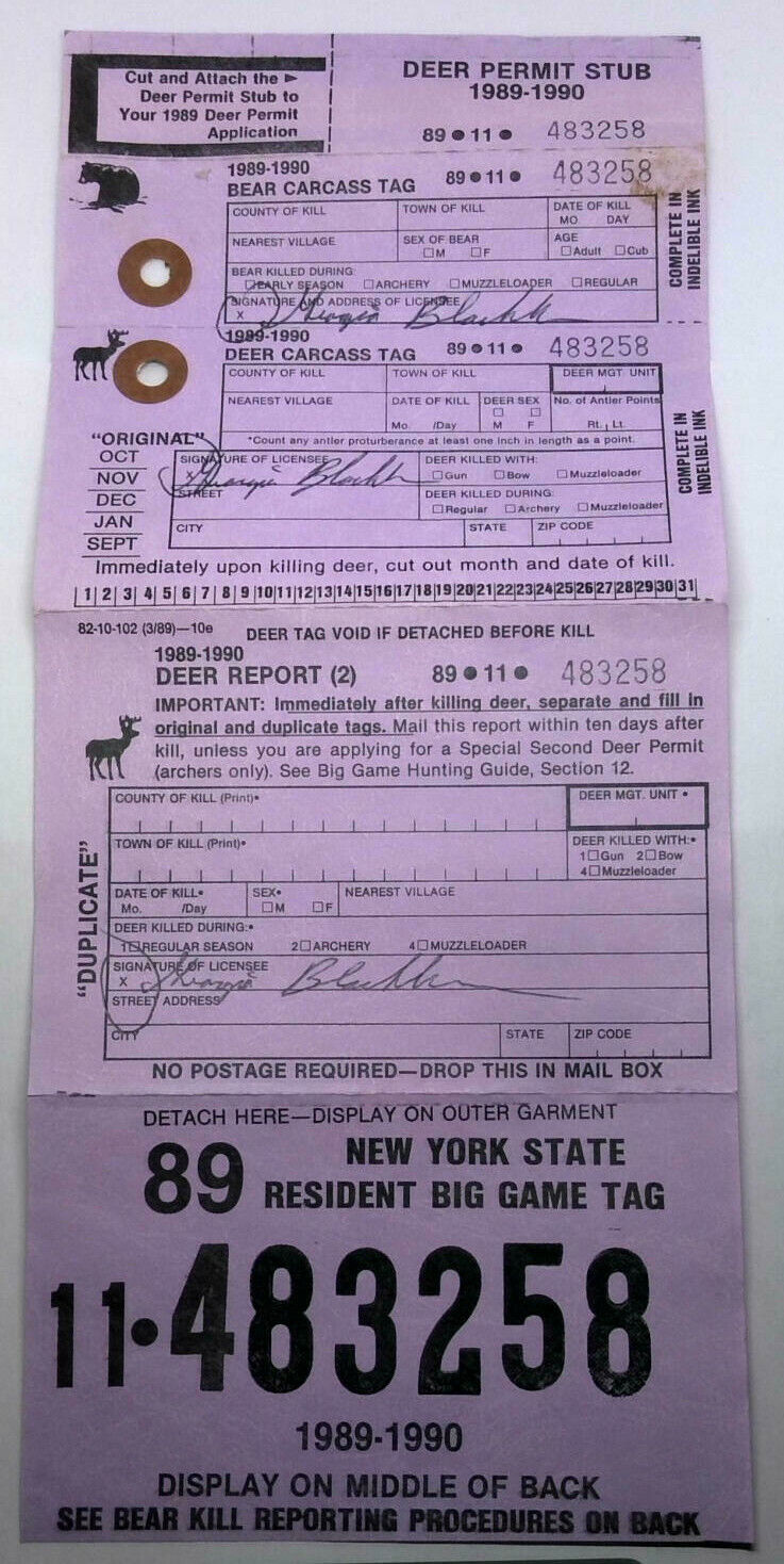 1989 New York State Big Game Hunting License Permit Back Tag...Free Shipping!