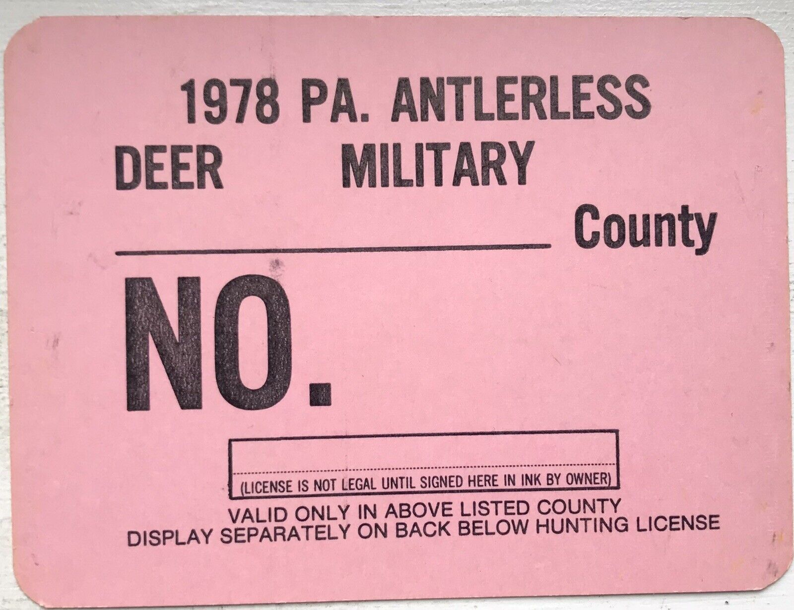 Vintage 1978 Pa Pennsylvania Antlerless Deer Unused Military Hunting License