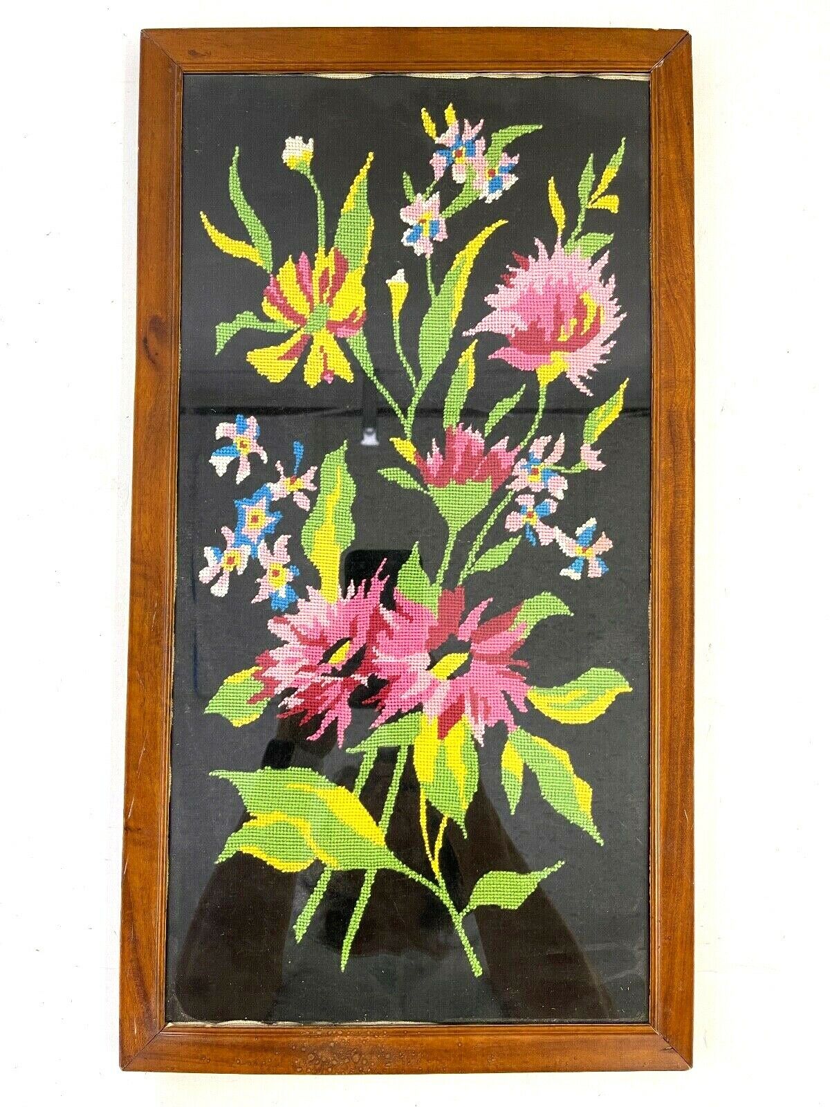 Vintage Framed Floral Needlepoint Wall Hanging  Approx 21x11" Black Background