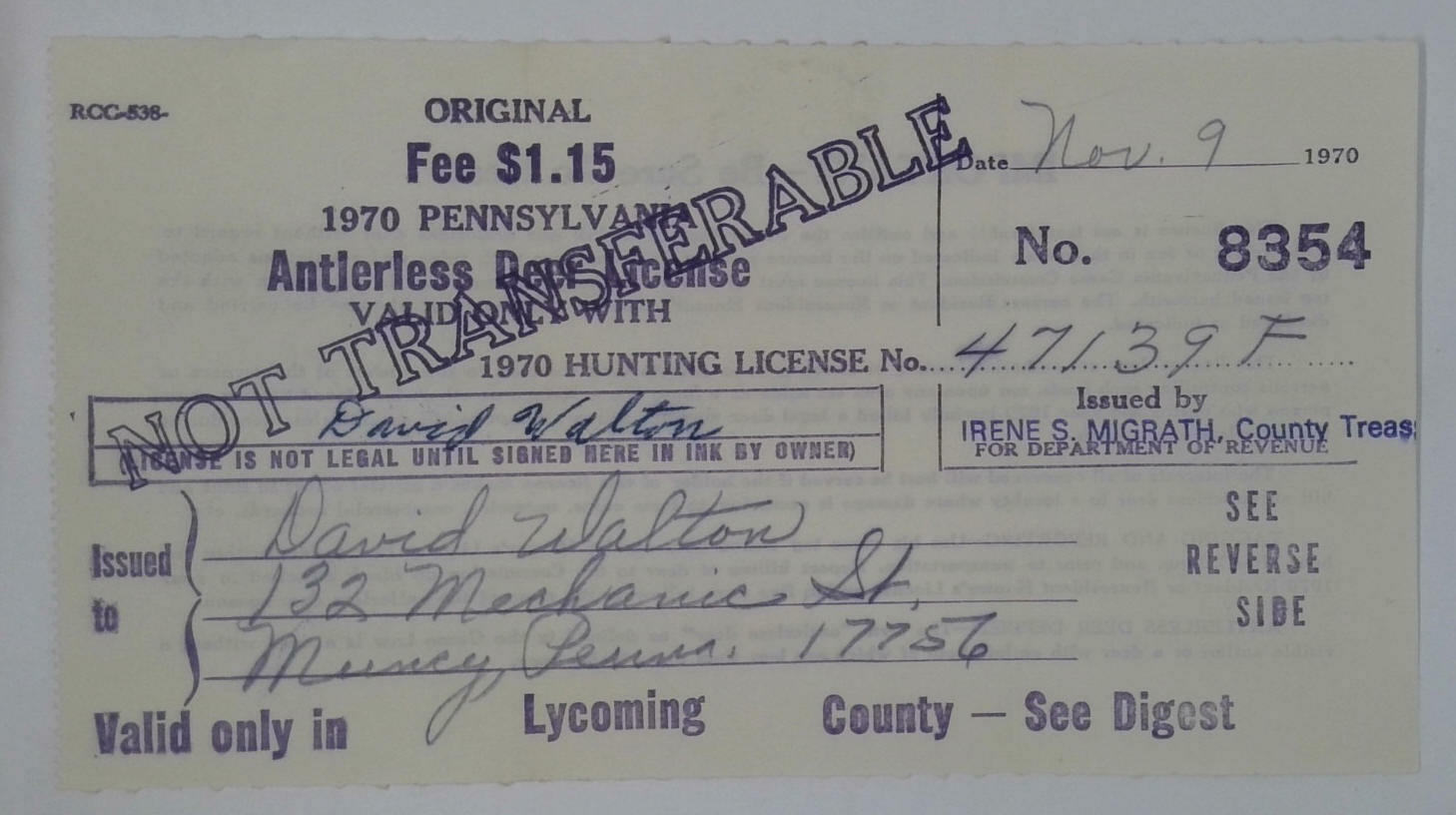 1970 Lycoming County Pennsylvania Antlerless Deer Hunting Permit License