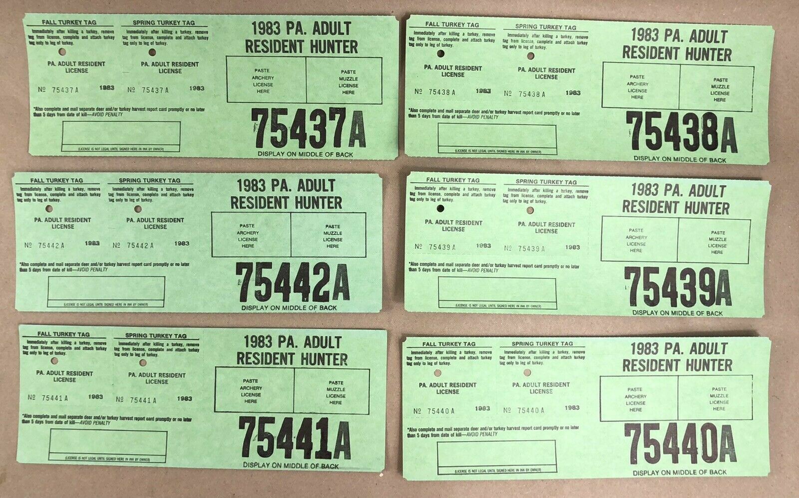 1983 LOT 6 BLANK  PA Adult Resident Hunter License Tag Turkey Licences Unused