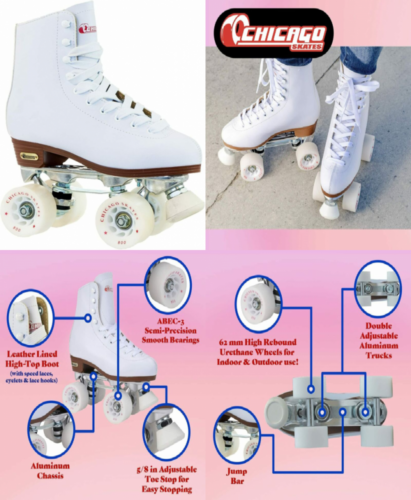 CHICAGO SKATES Deluxe Leather Lined Rink Skate Ladies 8 8, White